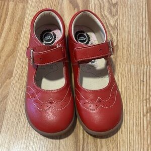 Livie & Luca Red Mary Jane Dress Shoes with Brogue Details